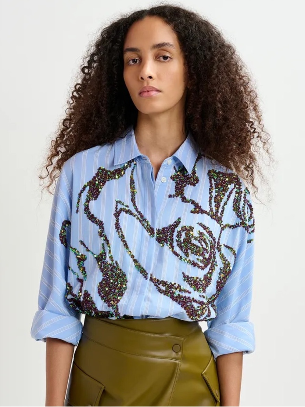 Essentiel Antwerp Blue Striped Sequin Embellished Blouse - Picture 2 of 7
